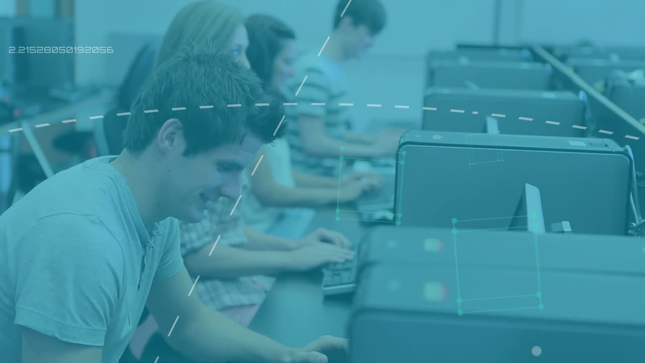 Animation of shapes moving over group of students using computers