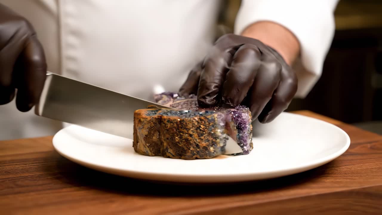 Chef cutting a rare steak