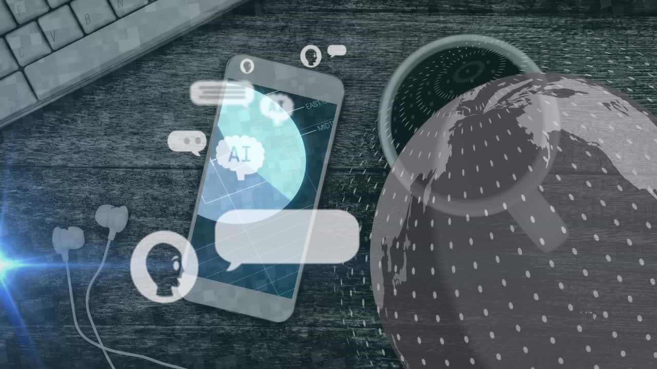 animación de chat artificial, procesamiento de datos y globo sobre el teléfono inteligente