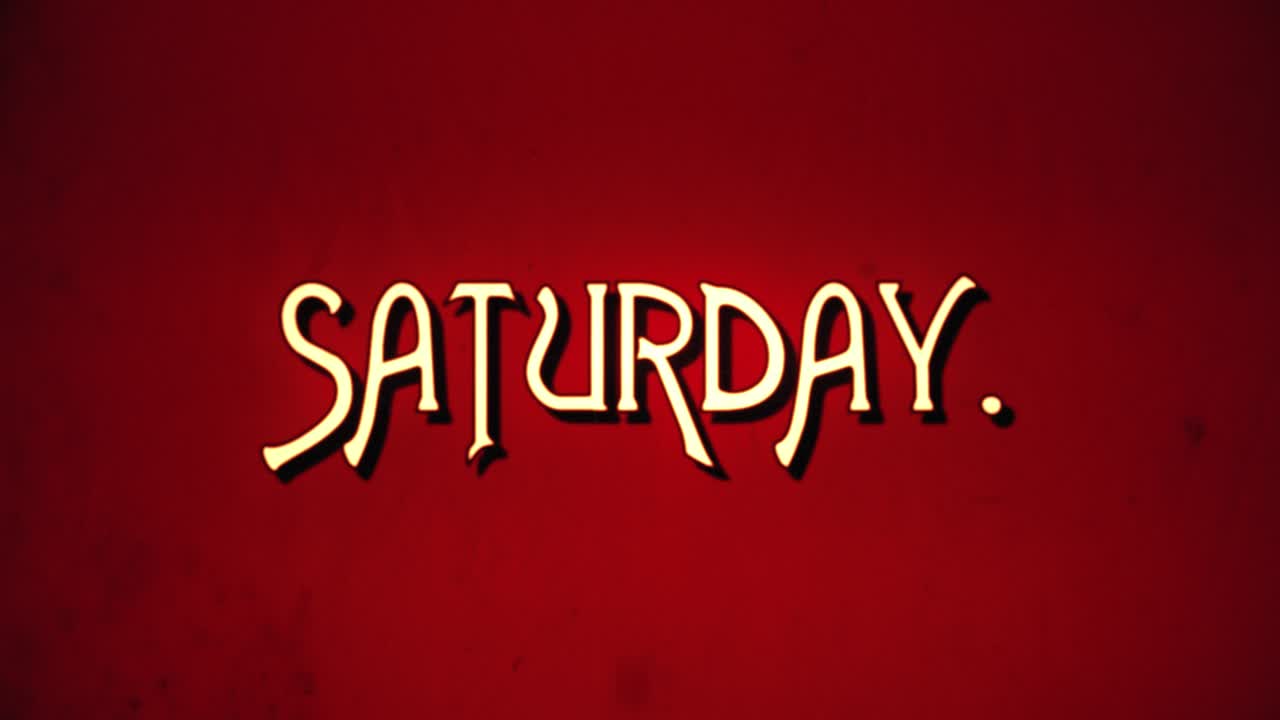 문자 메시지, 멋진 레트로 폰트, 1970년대 손상된 영화 스타일, 문자 확대 애니메이션으로 나타납니다: 토요일.