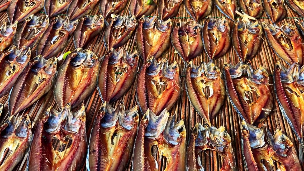 Primo piano di pesce essiccato ordinatamente disposto in file per l'essiccazione o la vendita.