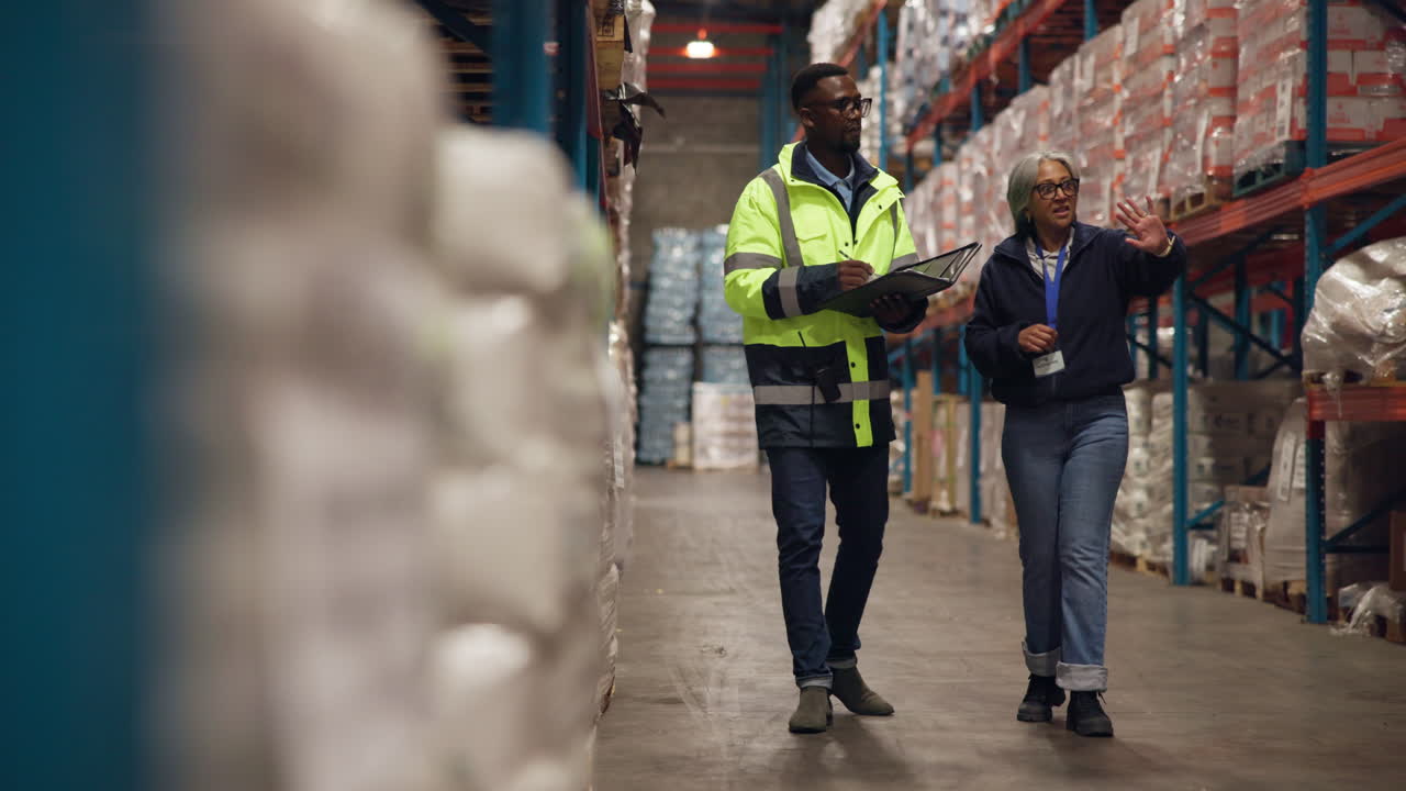 Two Diverse Colleagues Inspecting Inventory in a Large Warehouse