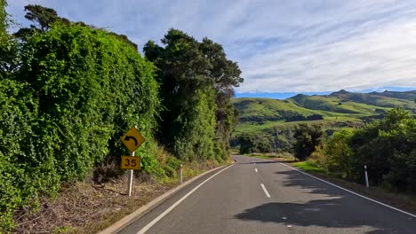 forward-facing camera captures a winding rural road bordered by dense greenery and rolling hills under bright daylight, highlighting natural landscapes and smooth motion