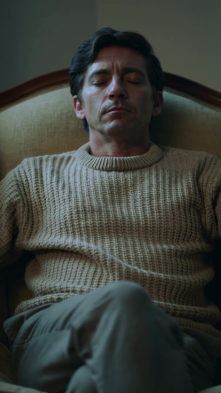 Vertical video: Sitting man resting in armchair while camera starting recording in beige sweater