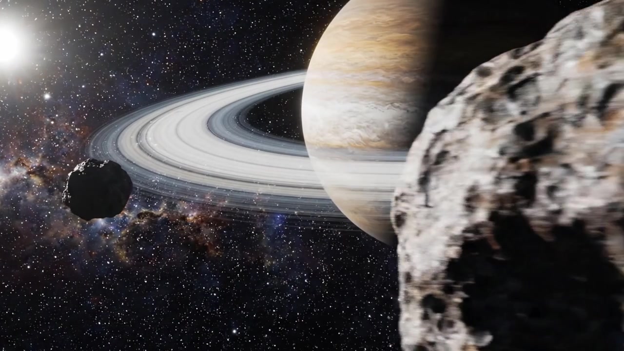 A Stunning Cosmic Display: The Majestic Rings of Saturn Frame the Gigantic Jupiter and Asteroid, Set Against a Dazzling Starry Background