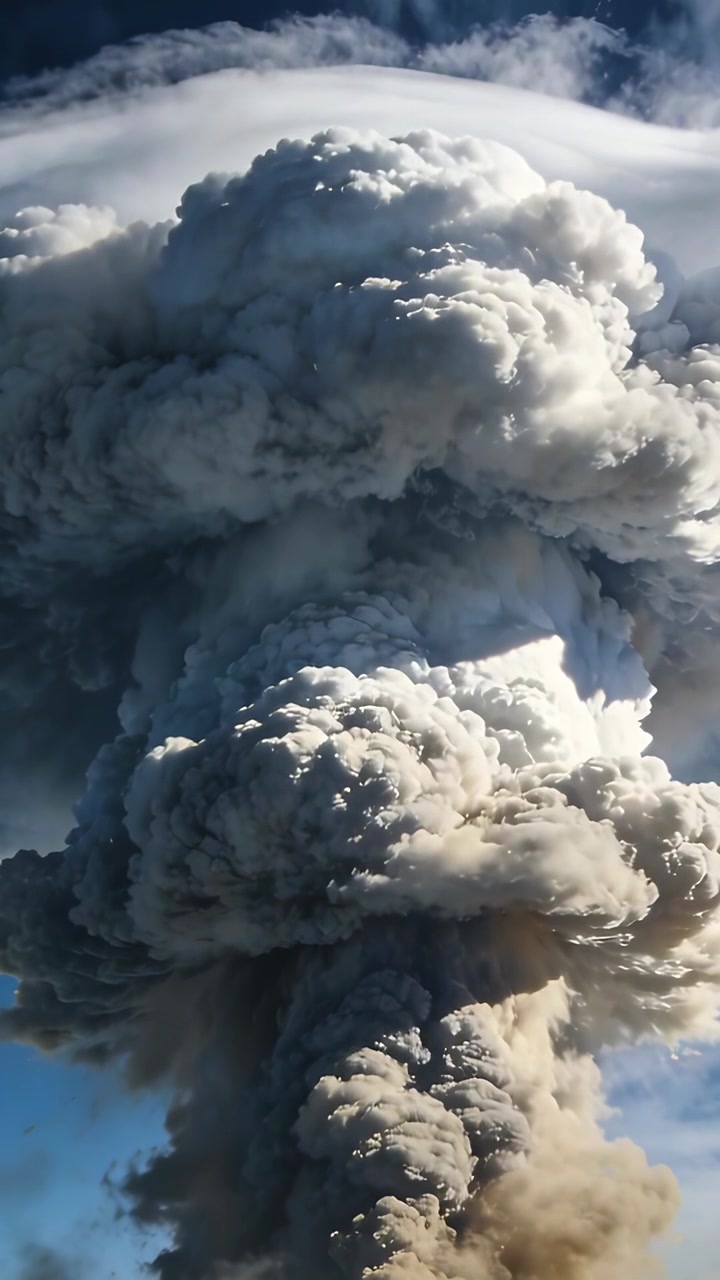 Vertikal video: Et massivt udbrud af aske- og gasplume, der stiger og udvider sig på åben himmel, med amboltformet top.
