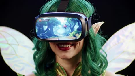 enchanting virtual reality experience: a fantasy character immersed in a magical world with vr headset and vibrant green hair and wings