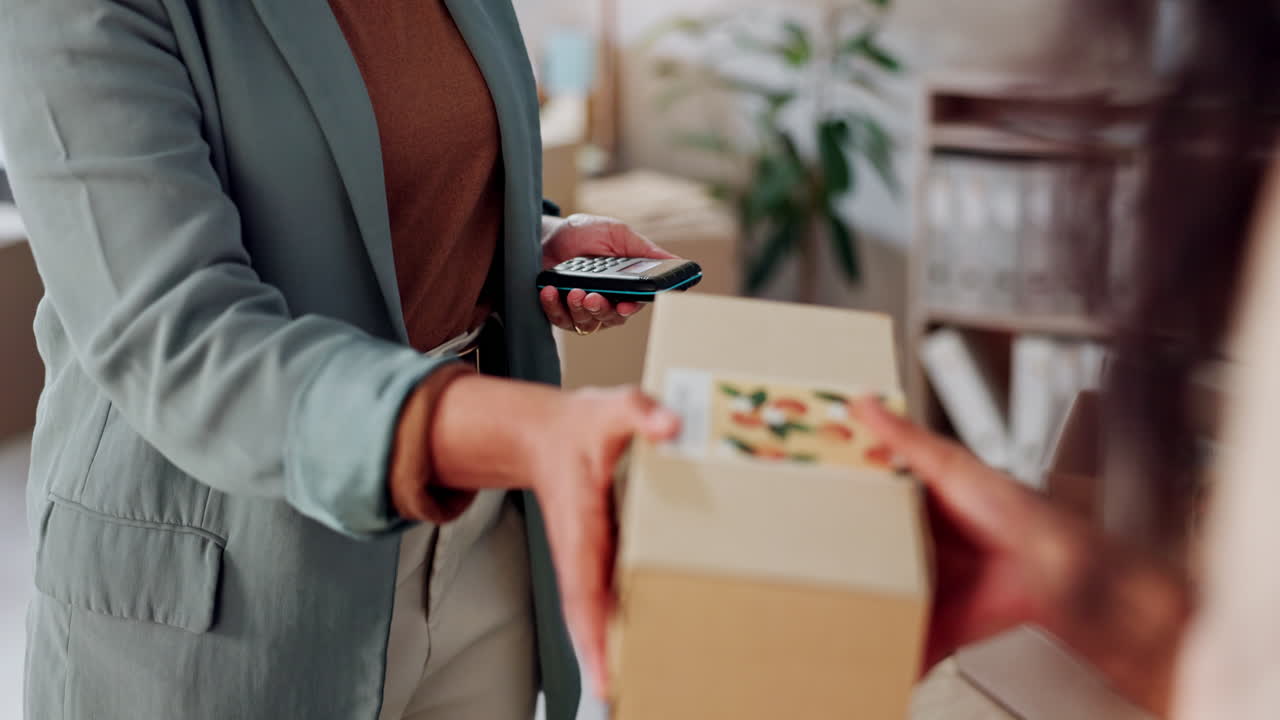 hände, kreditkarte und zahlung für die schachtel mit pos