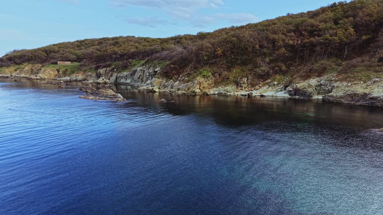 Coastal cliffs and calm waters with trees along the shoreline