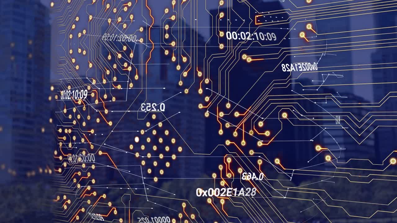 도시 풍경 위의 데이터 처리 및 숫자의 애니메이션