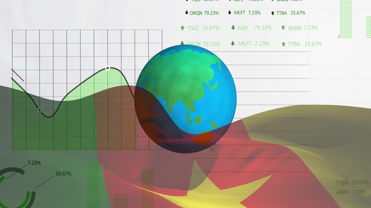 animación del procesamiento de datos del mercado de valores y el globo giratorio contra la bandera de camerún