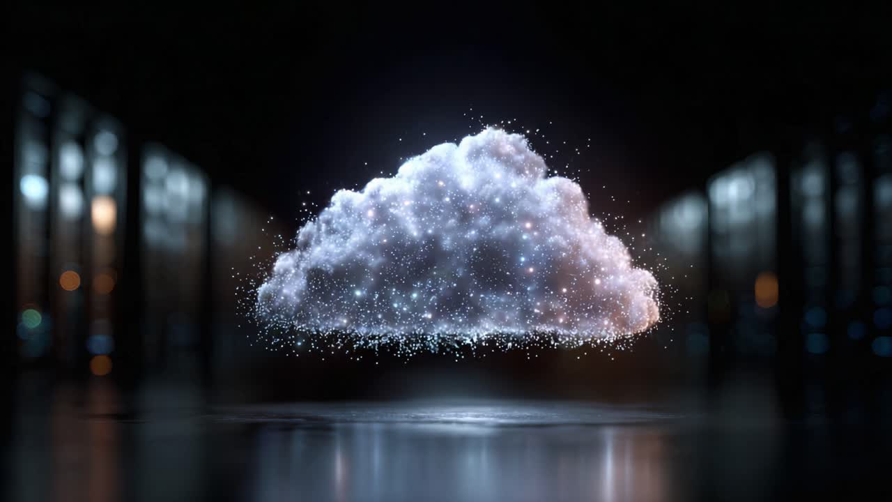 A Mystical Cloud Formation Illuminated in a Digital Environment with Sparkles and Glows, Signifying Data Storage and Connectivity in a Modern Setup