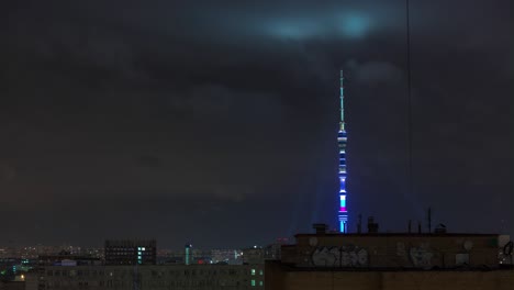 night illuminated moscow city famous ostankino tower rooftop panorama 4k timelapse russia