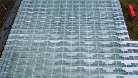 aerial drone view of large glass windows on the roof of the greenhouse. farming, agriculture industry. flying over large industrial greenhouses at sunny day