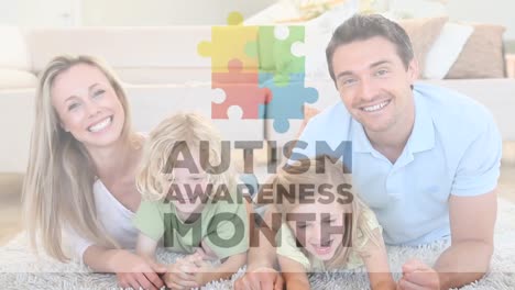 Autism Awareness Month text over family smiling and waving