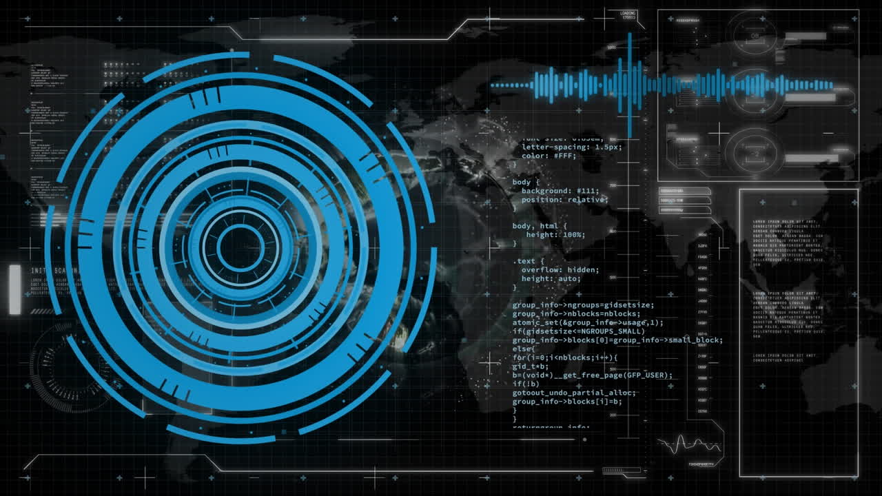 animación de la interfaz con escáner redondo y procesamiento de datos contra globo giratorio.