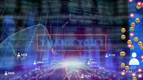 notificaciones digitales de redes sociales, tablero de comercio, gráficos y texto de agradecimiento moviéndose en medio de edificios