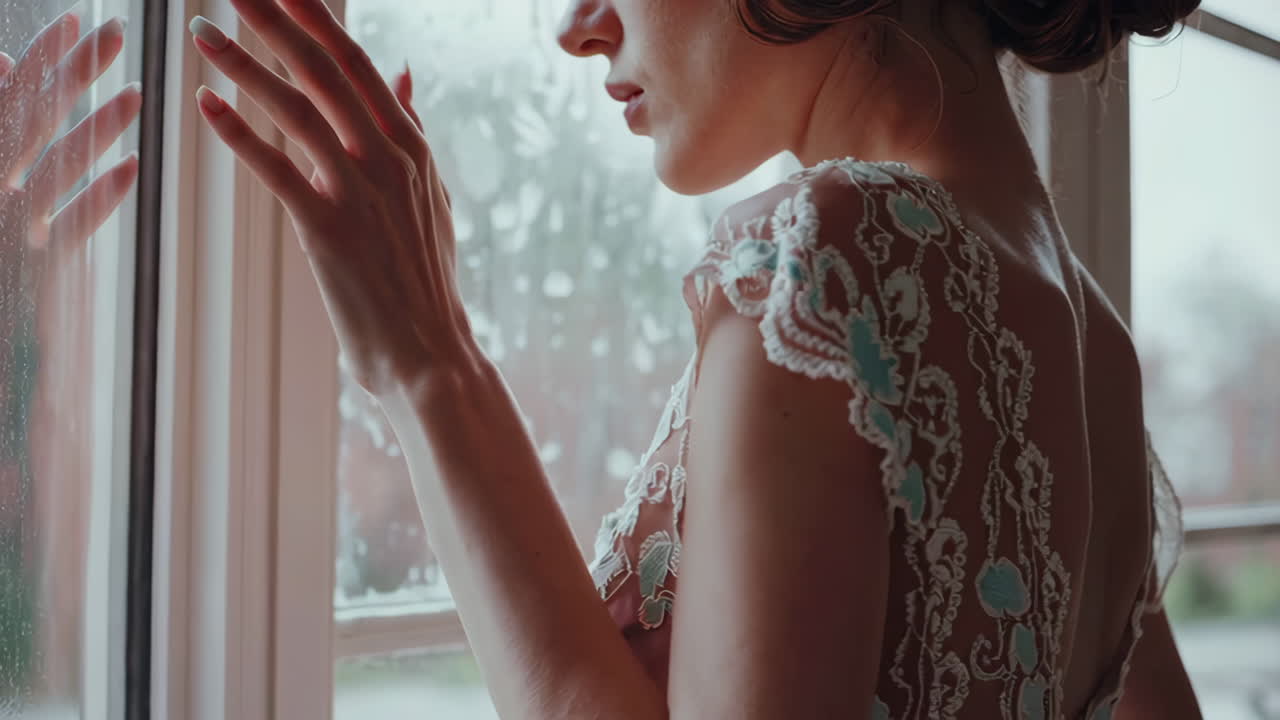 렌즈 드레스 를 입은 여자 가 창밖 을 바라보고 있다