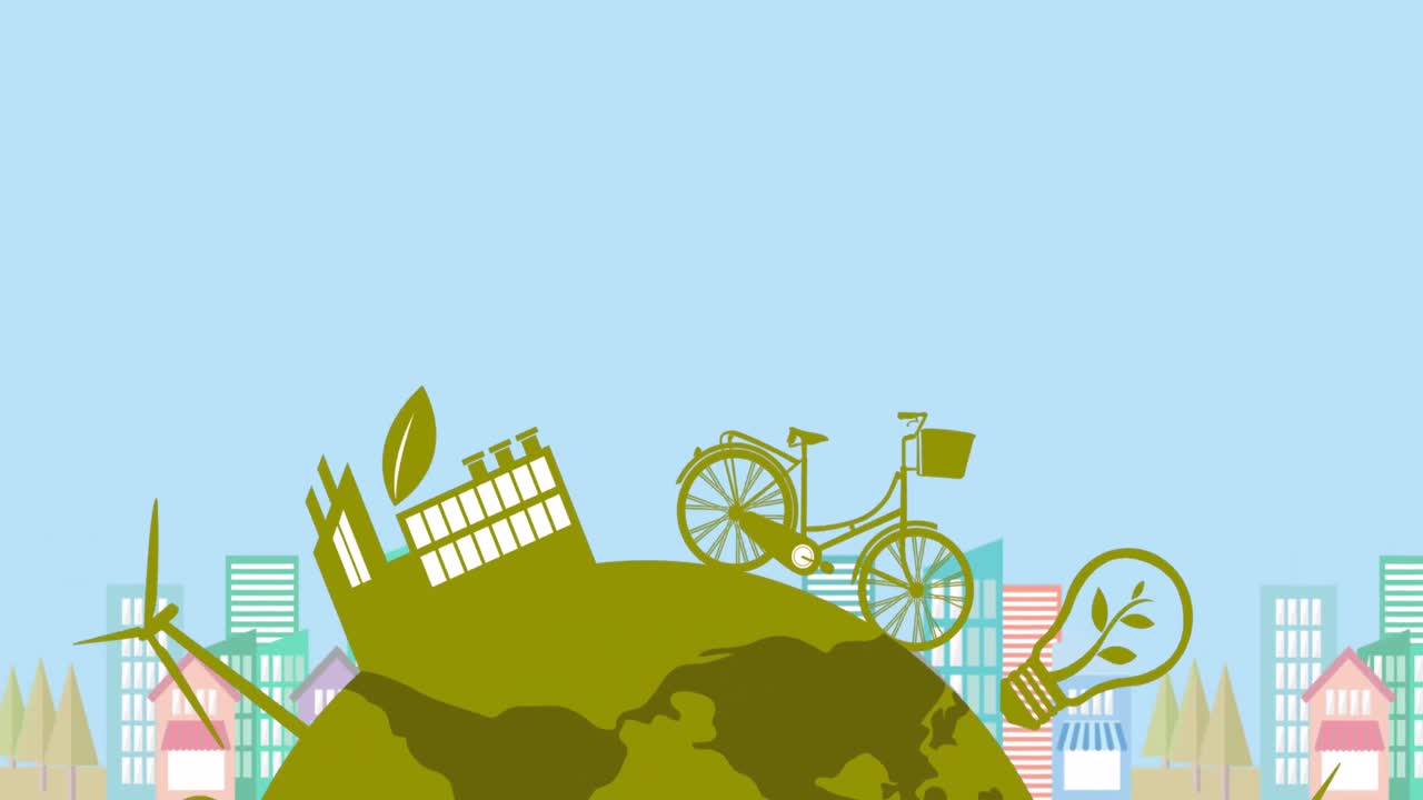 도시 위의 지구공을 가진 생태학 아이콘의 애니메이션