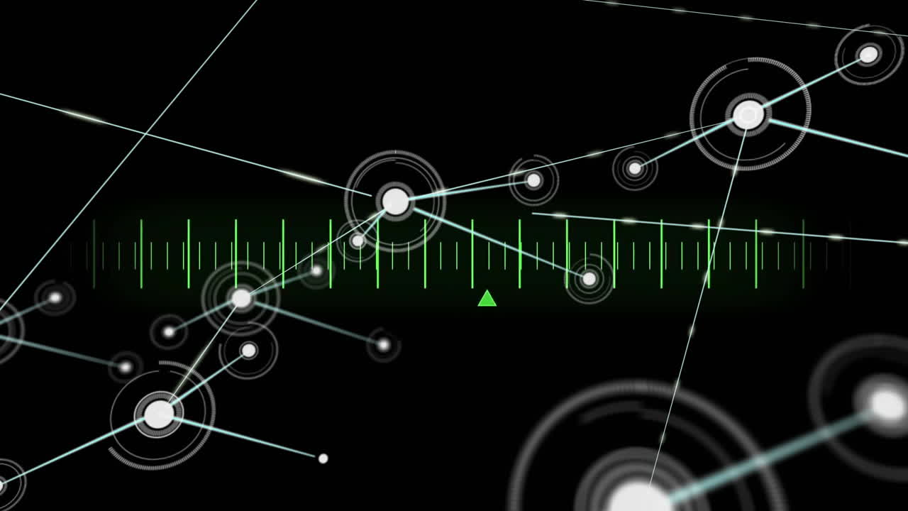 검은 바탕에 녹색 측정 스케일에서 네트워크 연결과 데이터 포인트를 애니메이션