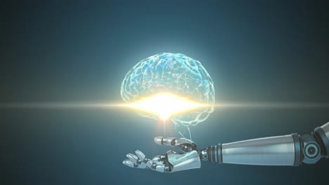 animación del cerebro humano sobre el brazo del robot en fondo azul