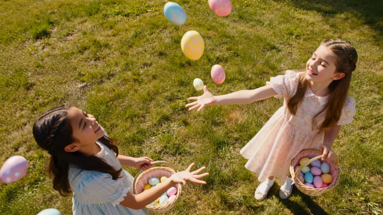 投げ始め、ドレスを着て枝編みかごを持った少女たちが芝生の上で遊びながらパステルカラーの卵を投げている。