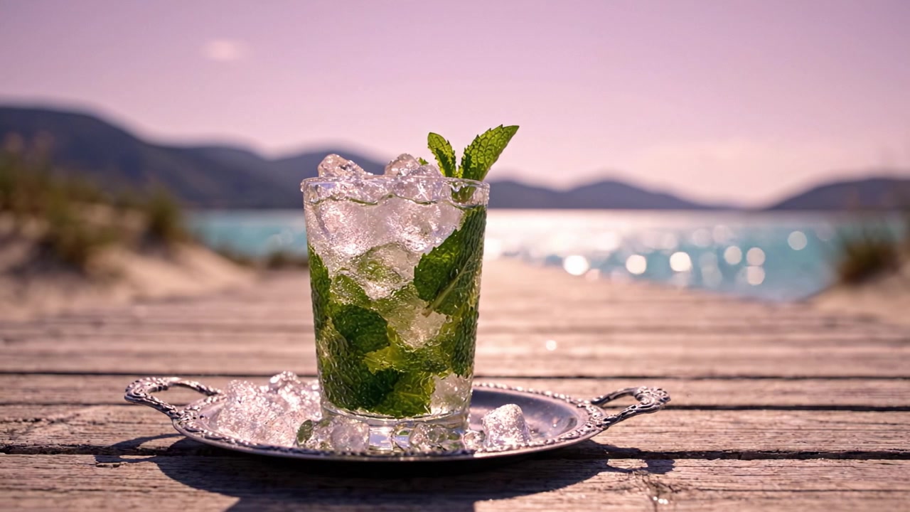 Virkistävä Mojito-cocktail mintunlehdillä ja murskatulla jäällä, tarjoiltuna hopeatarjottimella kauniilla rannalla sijaitsevassa paikassa, kaunis merinäköala taustalla.