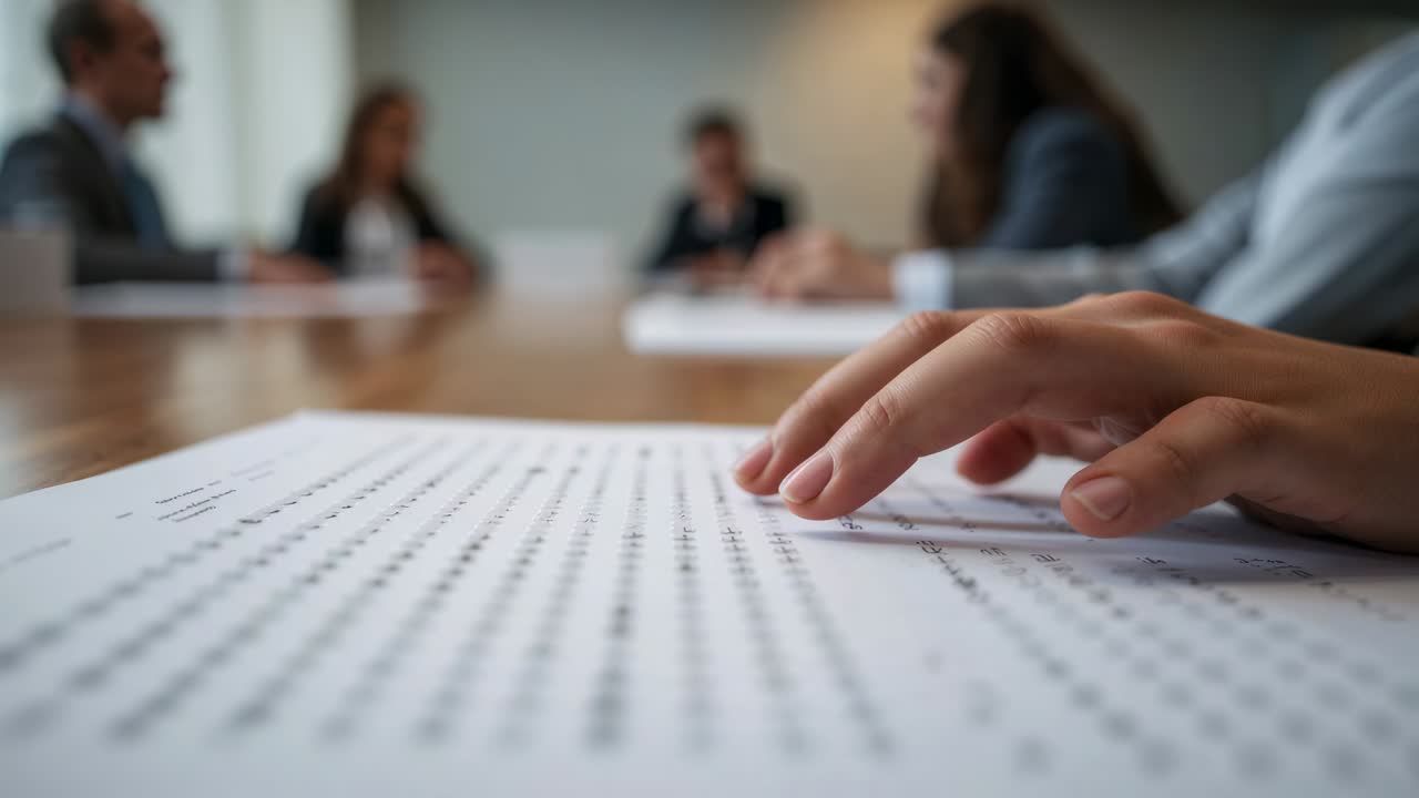 Tracing right hand after cue, tracking marks on sheet at conference table, colleagues in suits