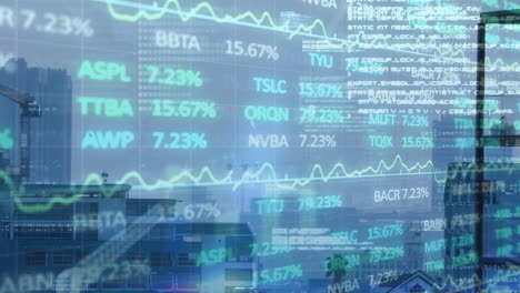 animación de datos financieros y gráficos sobre el paisaje urbano