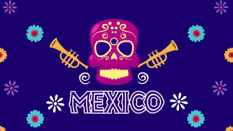 viva mexico animation with skull mask and flowers