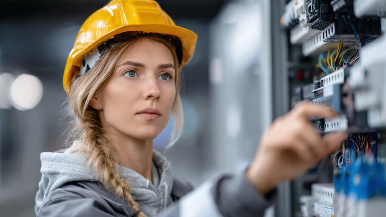 Soustředěná inženýrka elektrotechniky v ochranných pomůckách analyzuje komponenty ovládacího panelu a zajišťuje správnou funkčnost v moderním průmyslovém prostředí