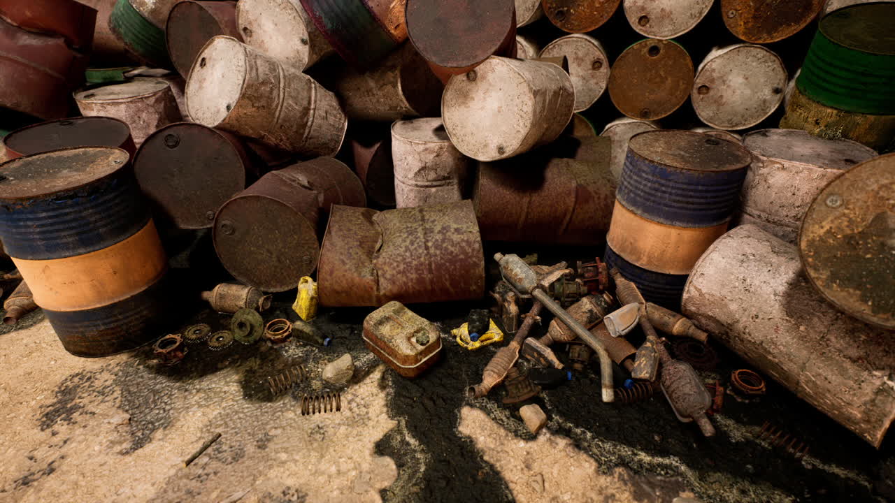Discarded metal barrels and industrial debris in a cluttered storage area