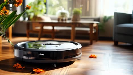 robot vacuum cleaning hardwood floors in a modern living room with plants