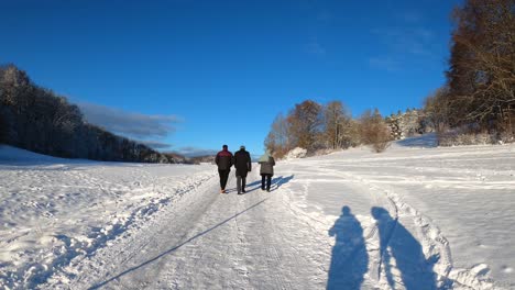 POV-of-family-walking-through-winter-wonderland-on-a-sunny-day-with-blue-sky-during-winter-in-Bavaria,-Germany