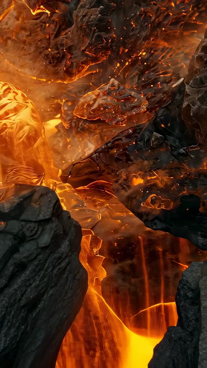 Video verticale: magma incandescente in risalita che alimenta la lava fusa a cascata lungo un canale roccioso, spargendo braci