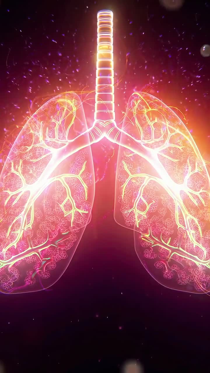 Rappresentazione digitale vibrante dei polmoni umani con flusso di energia.
