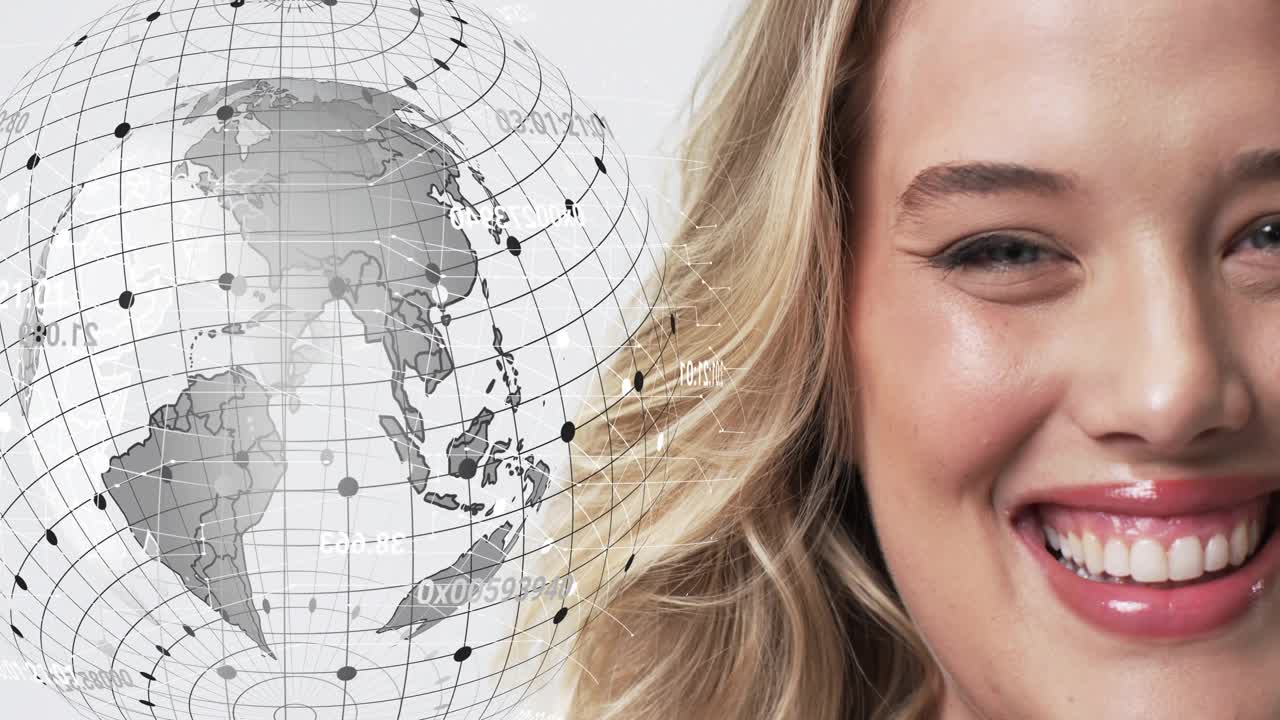 Woman smiling and showcasing product as rotating technology globe appears, overlay aligning hair