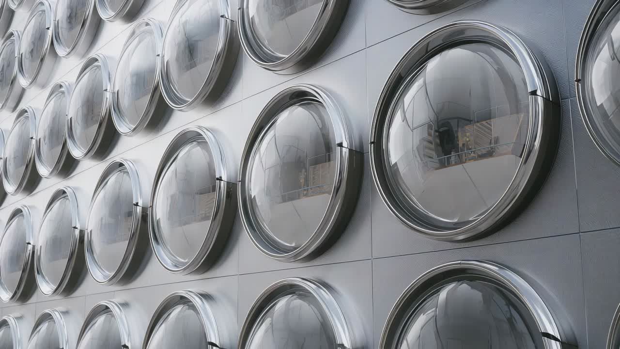Panning camera across facade, metal panels and convex domes reflecting railings, showing grid