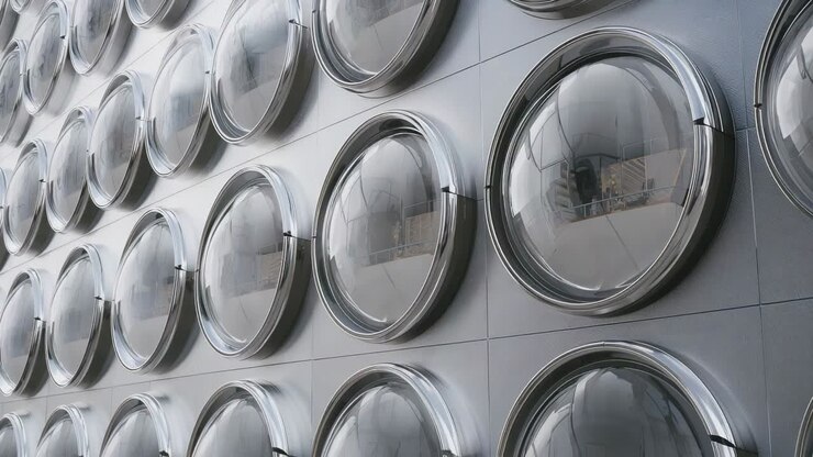Panning camera across facade, metal panels and convex domes reflecting railings, showing grid