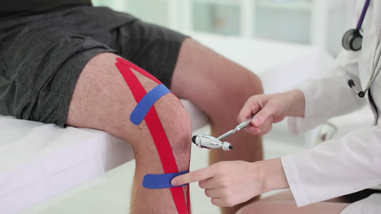Medico esegue il test del riflesso patellare su un paziente con nastro kinesiologico.
