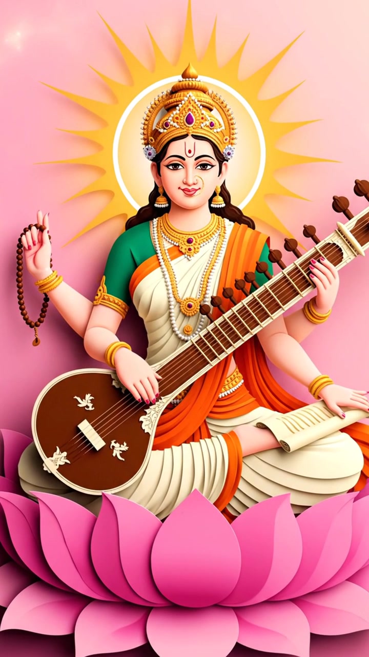 Animação da deusa hindu Saraswati tocando veena