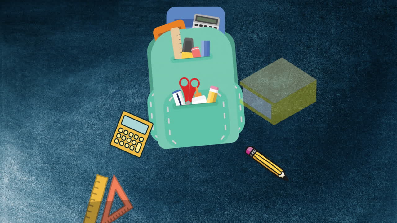 파란색 텍스처 배경에 학교 가방과 복사 공간에서 떨어지는 학교 개념 아이콘의 애니메이션