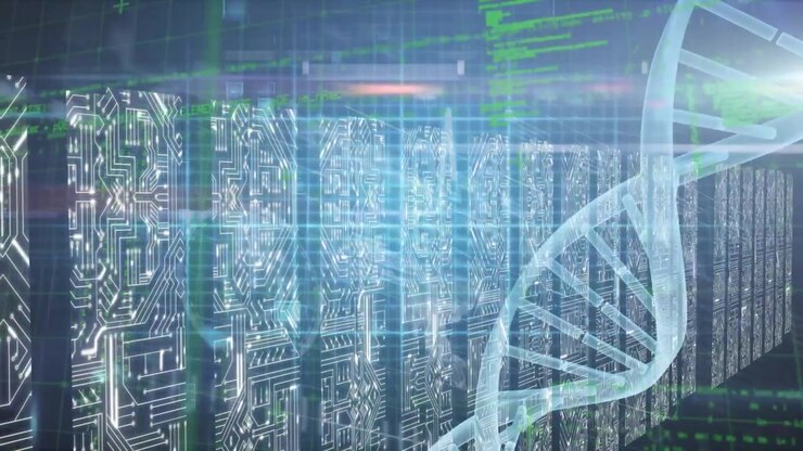 A dna molecule is rotating on an electrocardiogram background with digital medical data