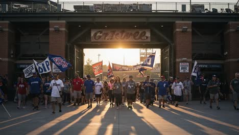crowd of fans celebrating together as they enter the stadium during sunset with flags and enthusiasm, creating a vibrant atmosphere of joy and anticipation