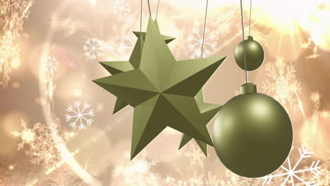 hanging green christmas ornaments over snowflakes animation on festive background