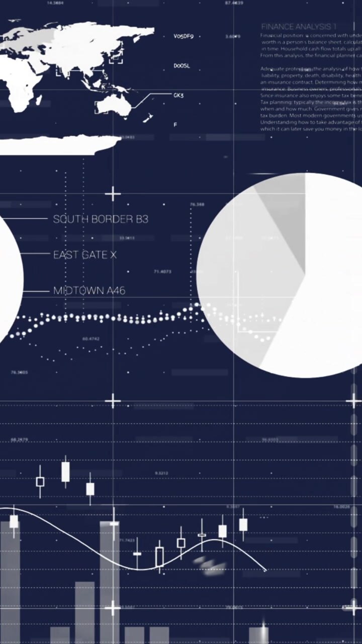 Animation of financial data processing over blue background