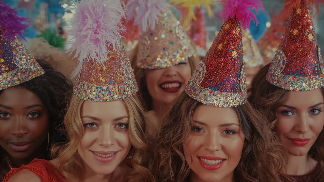 Panning camera capturing three women posing in living room revealing two more wearing sequin hats