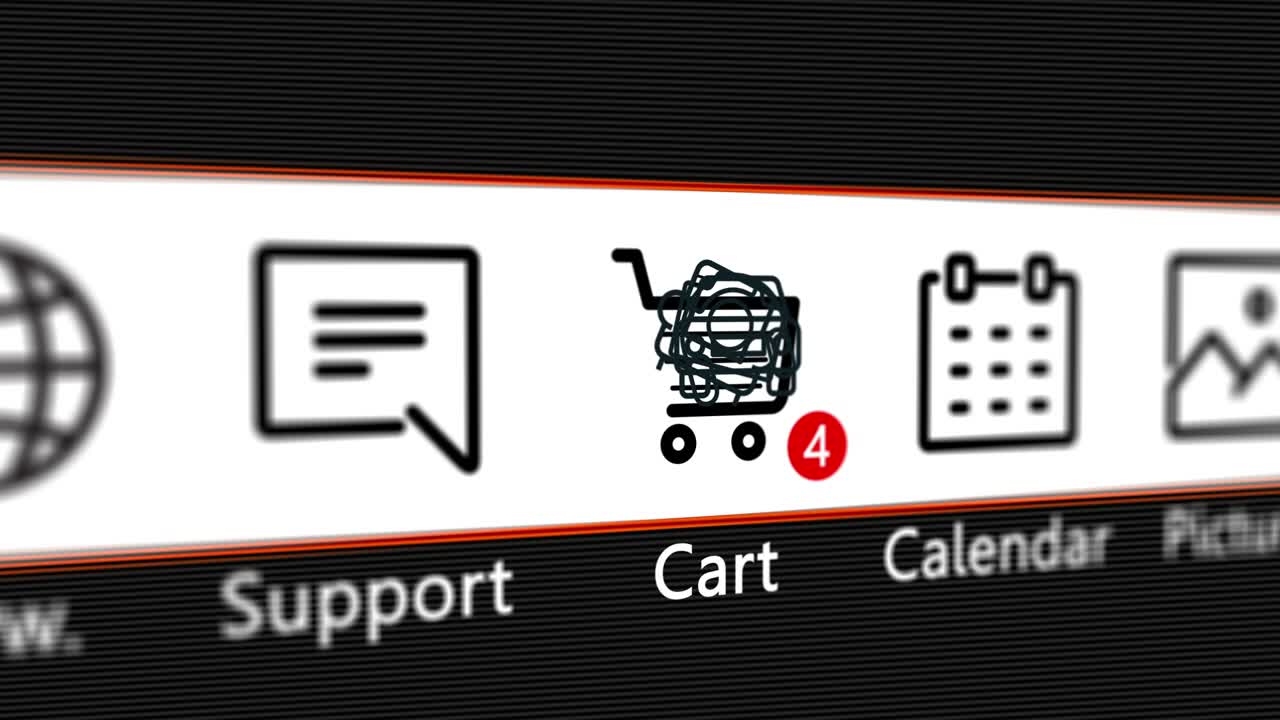 컴퓨터 화면에서 쇼핑 카트 아이콘에 아이템을 추가합니다. 온라인 쇼핑 비디오 애니메이션 루프.