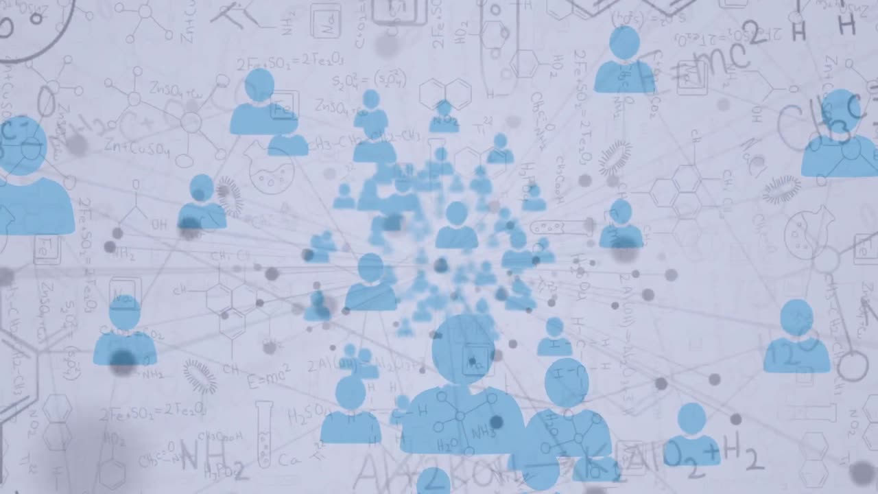 Network of profile icons against chemical structures and formulas on white background
