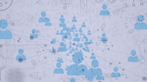 red de iconos de perfil contra estructuras químicas y fórmulas en fondo blanco